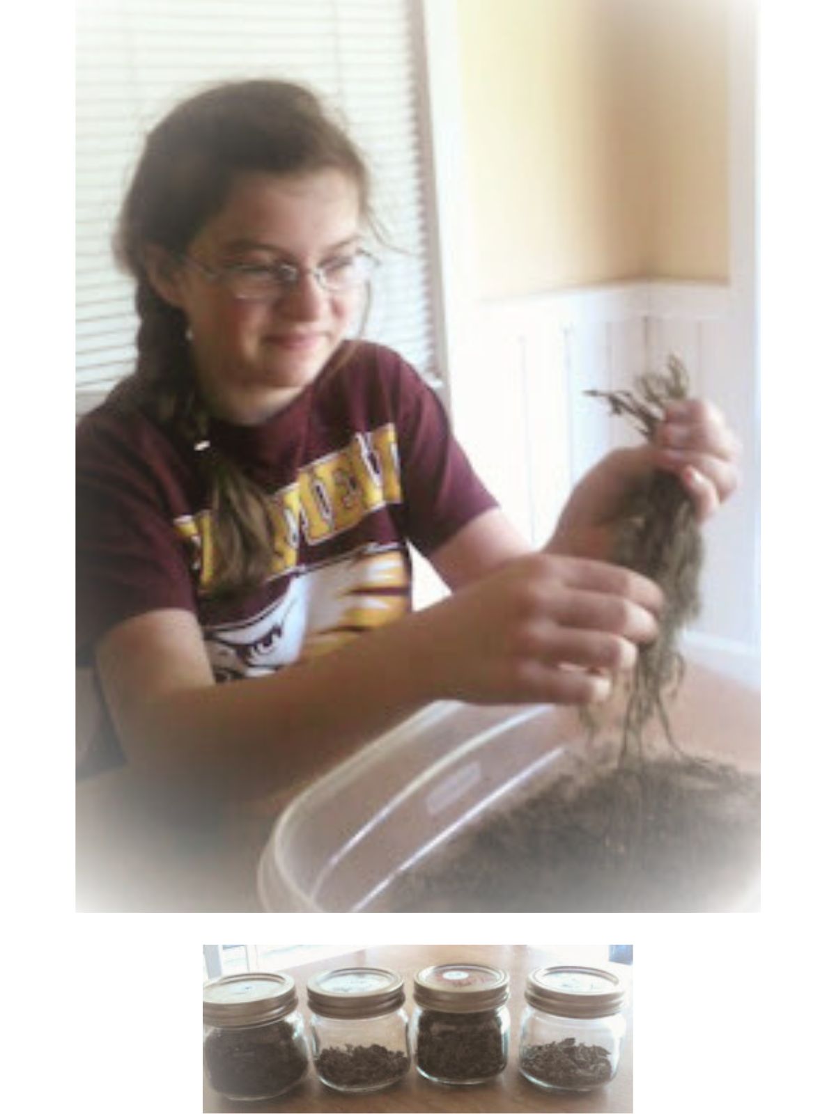 a girl storing dry herbs in jars