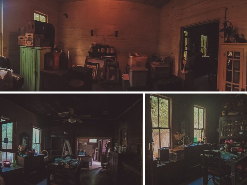 a collage of pictures of an old farmhouse living room and diningroom