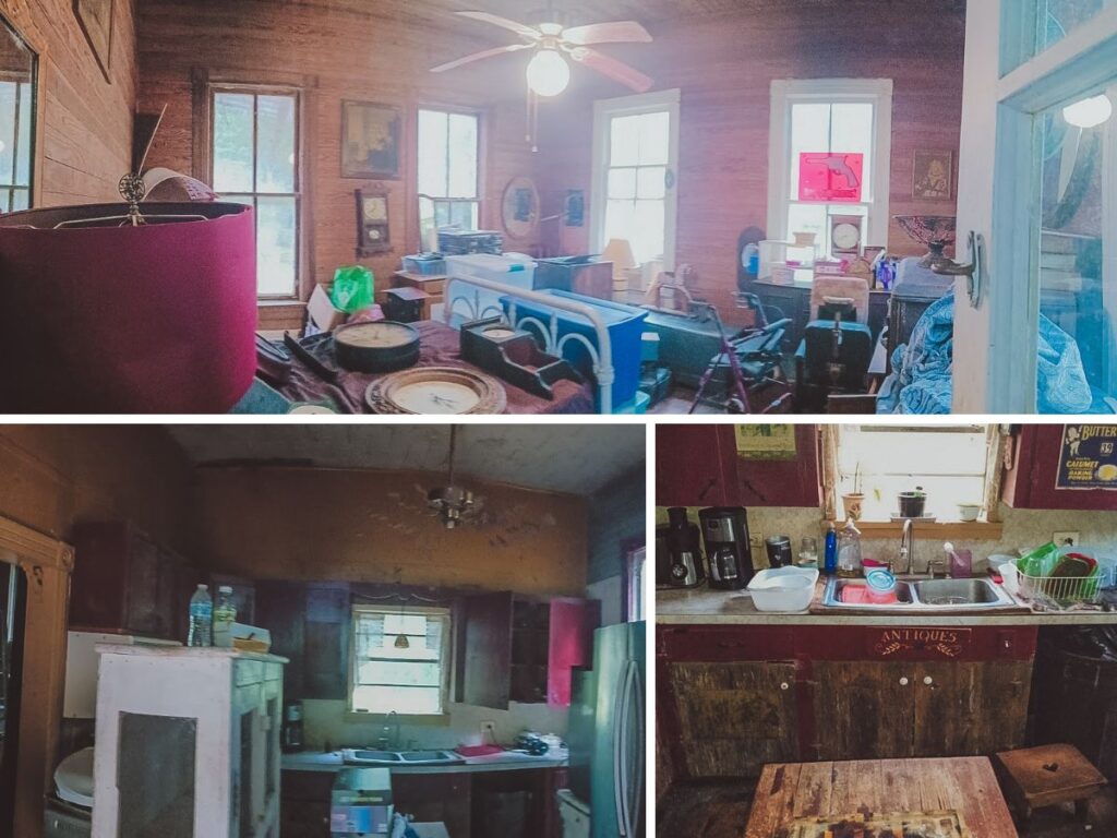 a collage of pictures of an old farmhouse bedroom and kitchen