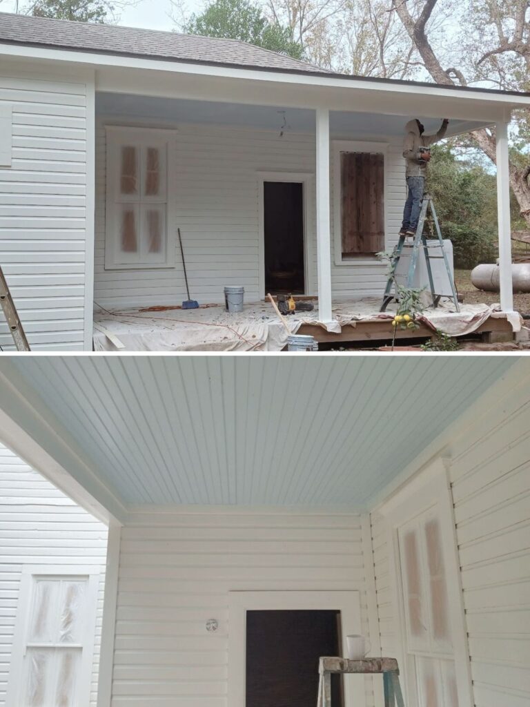 The perfect farmhouse paint colors, haint blue porch ceiling.