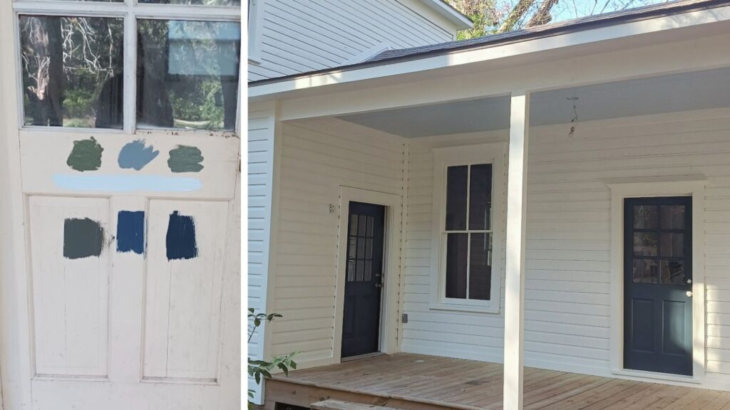 The perfect farmhouse paint colors, contrasting doors.