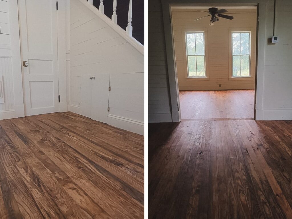 Dark tung oil finish on new pine floors.