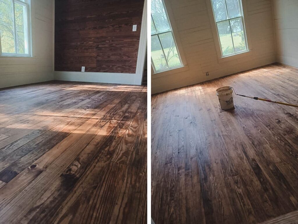 Dark tung oil finish on new pine floors.