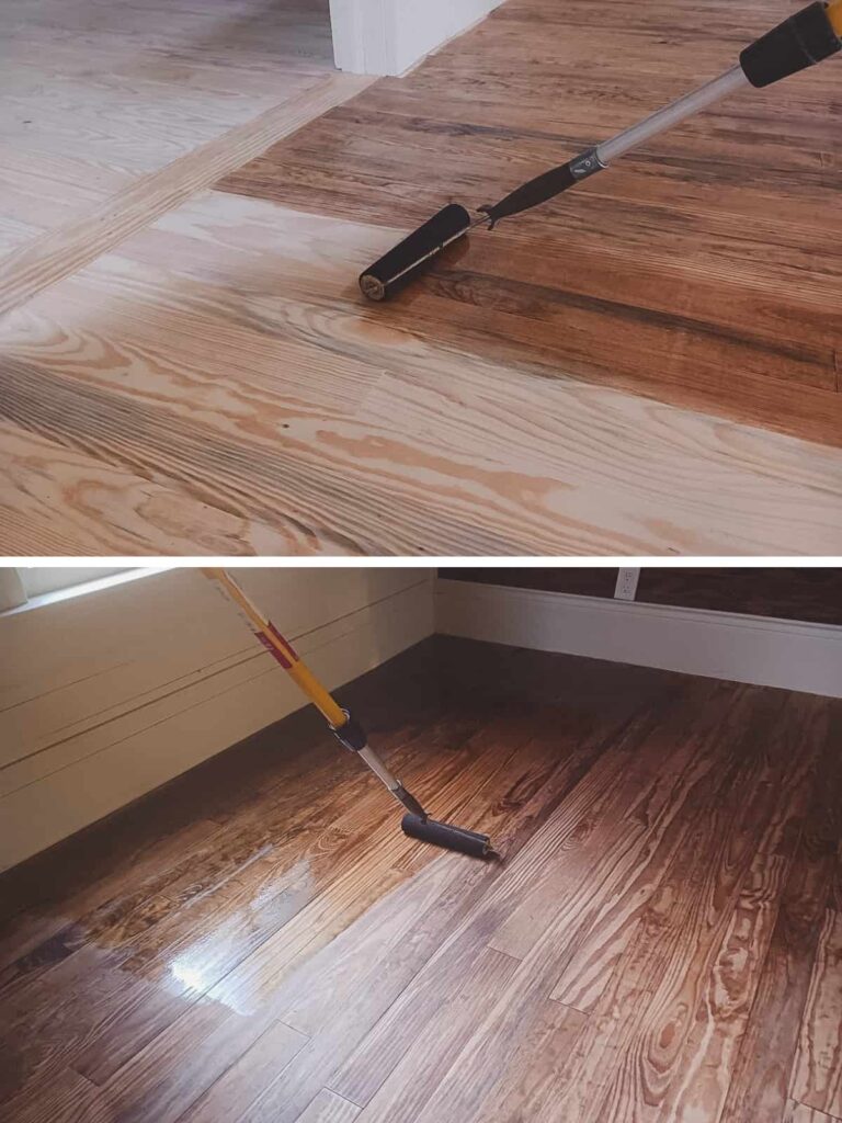 Dark tung oil application on new pine floors in an old farmhouse.